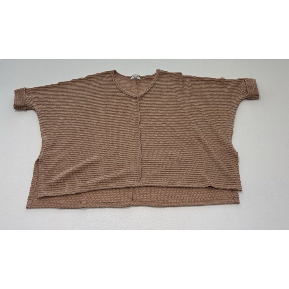 Zenana Brown Waffle Knit V-Neck Short Sleeve  Stretch 1X/2X  Dolman Sleeve Crop